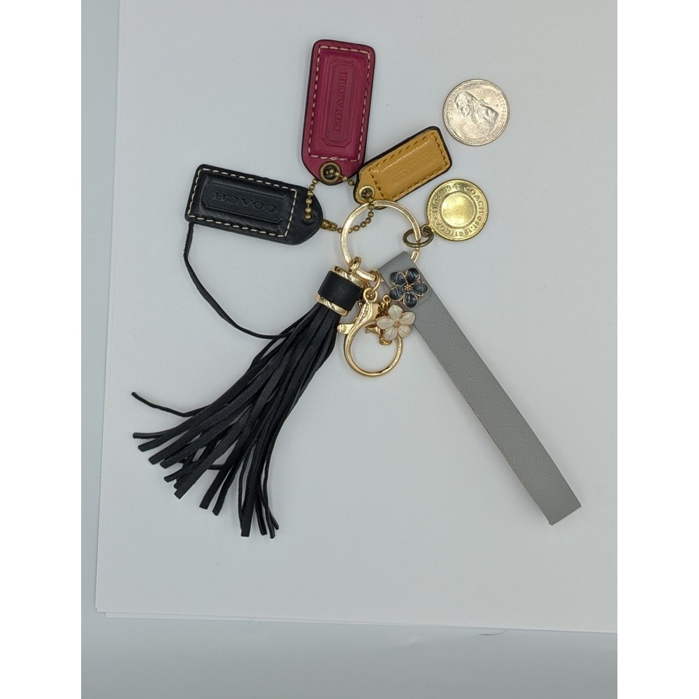 Coach Hangtags with Bag Charms Pink Yellow Black Leather Tassel Flowers Keychain - Picture 5 of 8